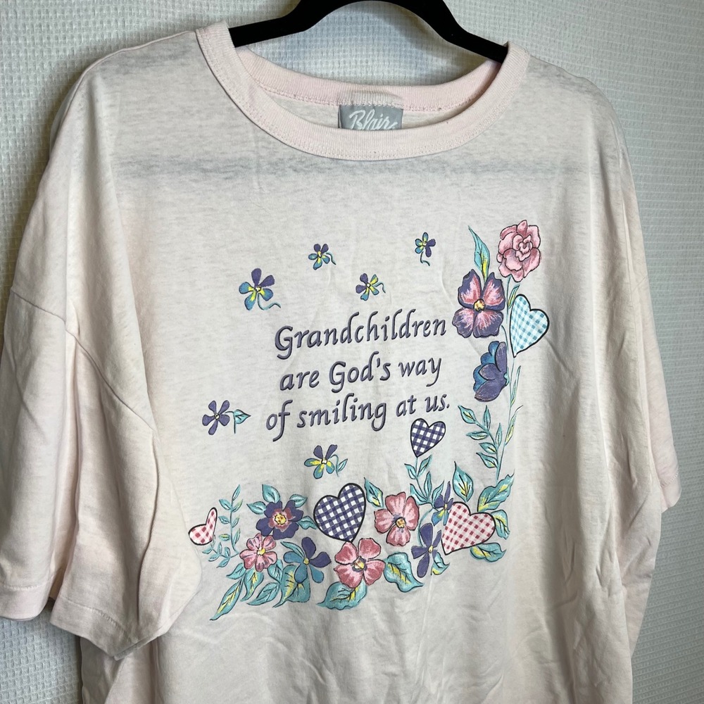 Vintage Blair Single Stitch‎ Pink Graphic T-Shirt Grandchildren Quote Floral XL